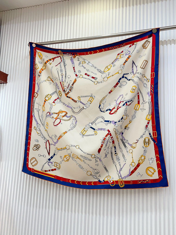 Chevaux Dechaines Shawl 90 CM In White Red Colorful Silk Twill 201031