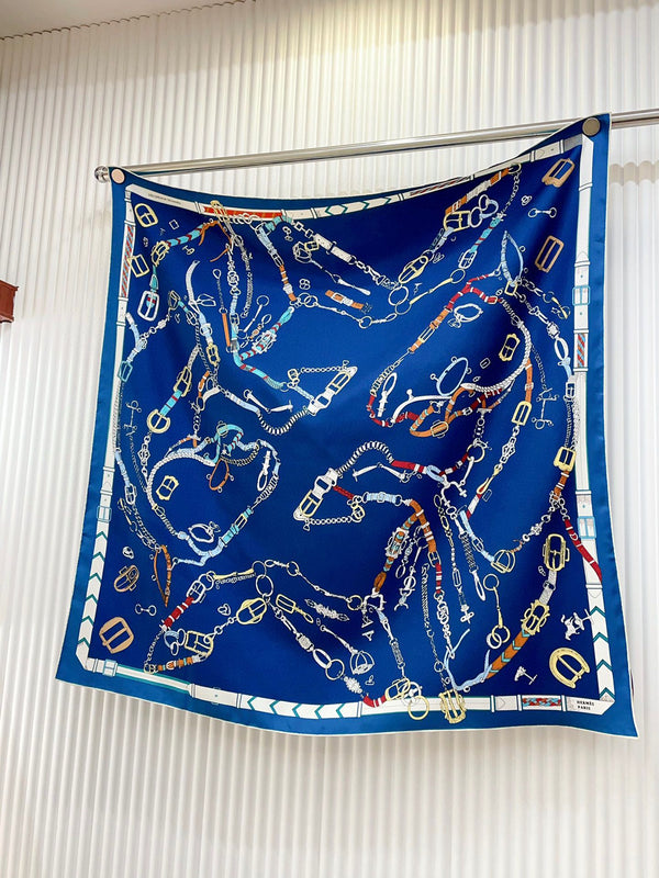 Chevaux Dechaines Shawl 90 CM In Dark Blue Colorful Silk Twill 201032