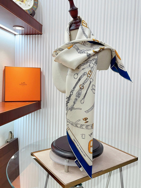 Chevaux Dechaines Shawl 90 CM In White Blue Colorful Silk Twill 201033