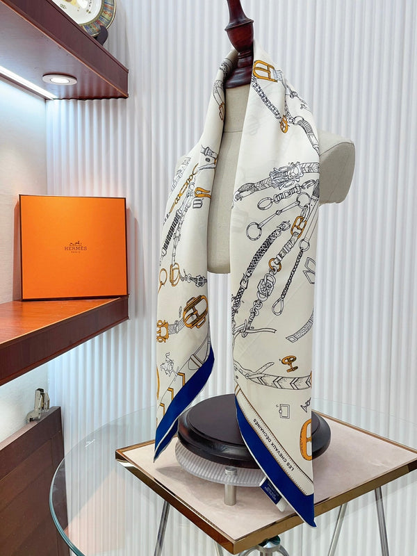 Chevaux Dechaines Shawl 90 CM In White Blue Colorful Silk Twill 201033