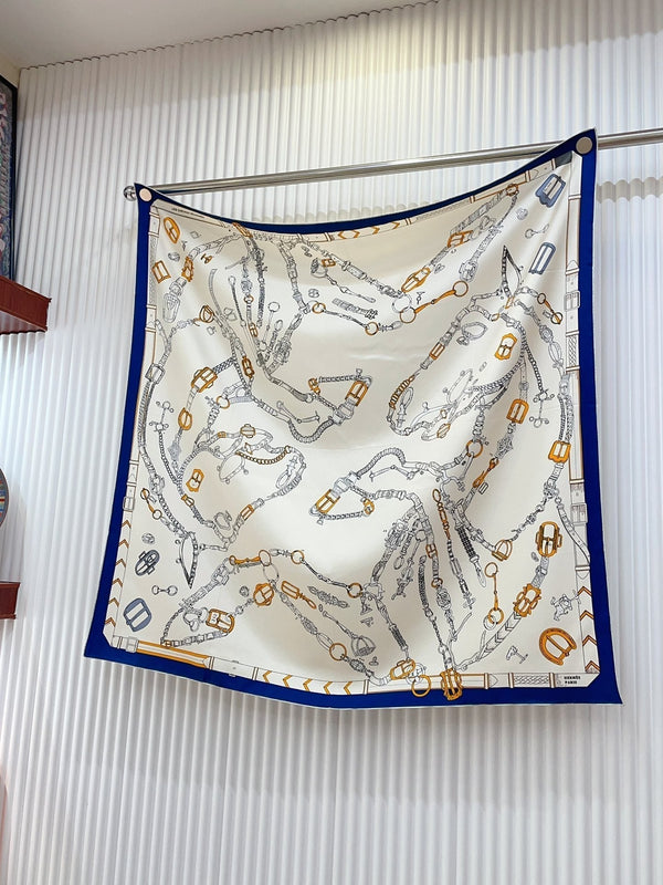 Chevaux Dechaines Shawl 90 CM In White Blue Colorful Silk Twill 201033
