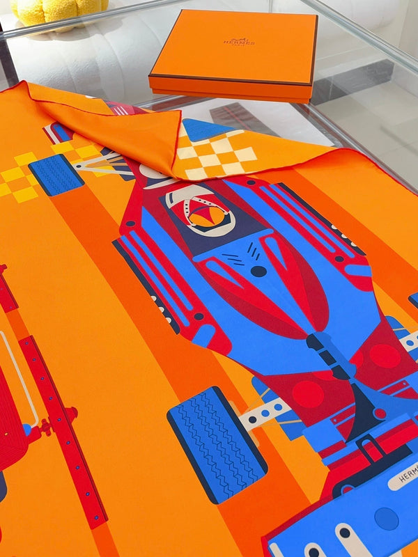 First & Chic Scarf 90 CM In Orange Colorful Silk Twill 202492