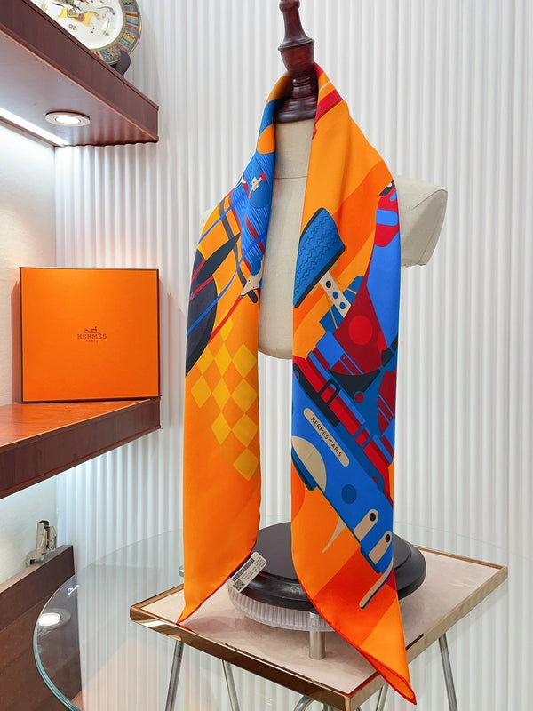 First & Chic Scarf 90 CM In Orange Colorful Silk Twill 202492