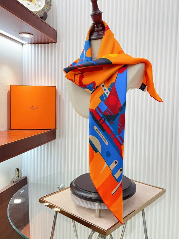 First & Chic Scarf 90 CM In Orange Colorful Silk Twill 202492