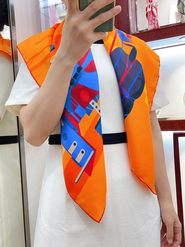 First & Chic Scarf 90 CM In Orange Colorful Silk Twill 202492