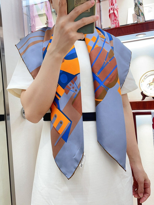 First & Chic Scarf 90 CM In Grey Blue Colorful Silk Twill 202493
