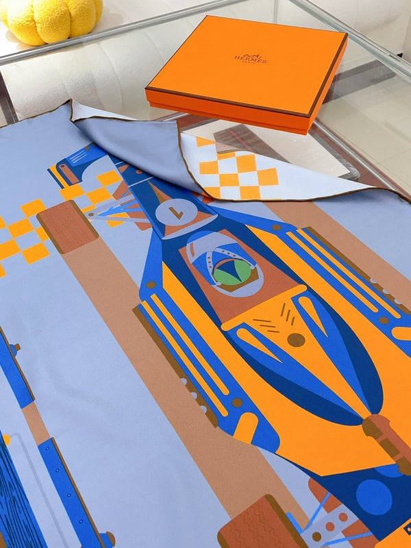 First & Chic Scarf 90 CM In Grey Blue Colorful Silk Twill 202493