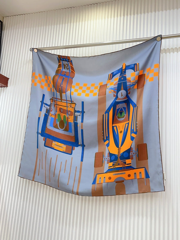 First & Chic Scarf 90 CM In Grey Blue Colorful Silk Twill 202493