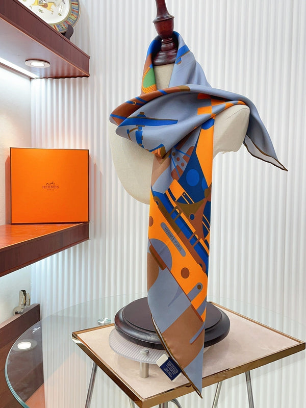 First & Chic Scarf 90 CM In Grey Blue Colorful Silk Twill 202493