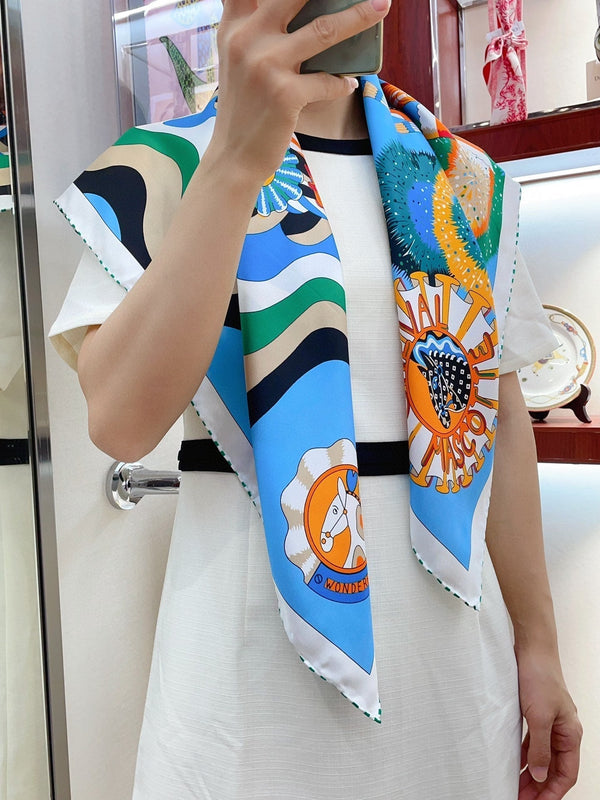 Cheval Mascotte Scarf 90 CM In Blue Colorful Silk Twill 206456