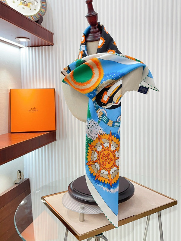 Cheval Mascotte Scarf 90 CM In Blue Colorful Silk Twill 206456