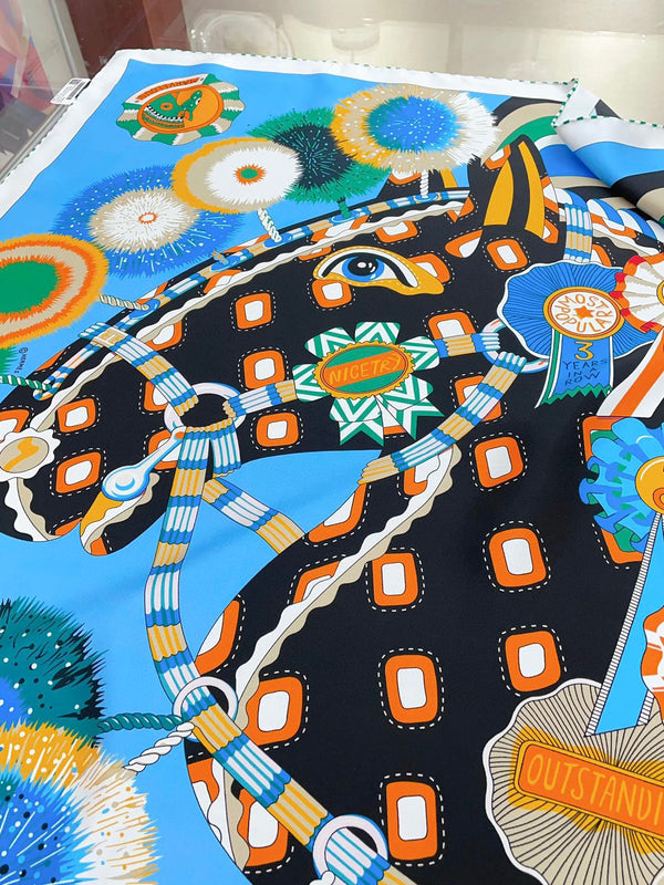 Cheval Mascotte Scarf 90 CM In Blue Colorful Silk Twill 206456