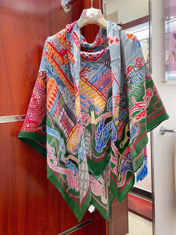 Gavroche Super Silk Quest Détail Scarf 140 CM In Green Colorful Cashmere And Silk 236108