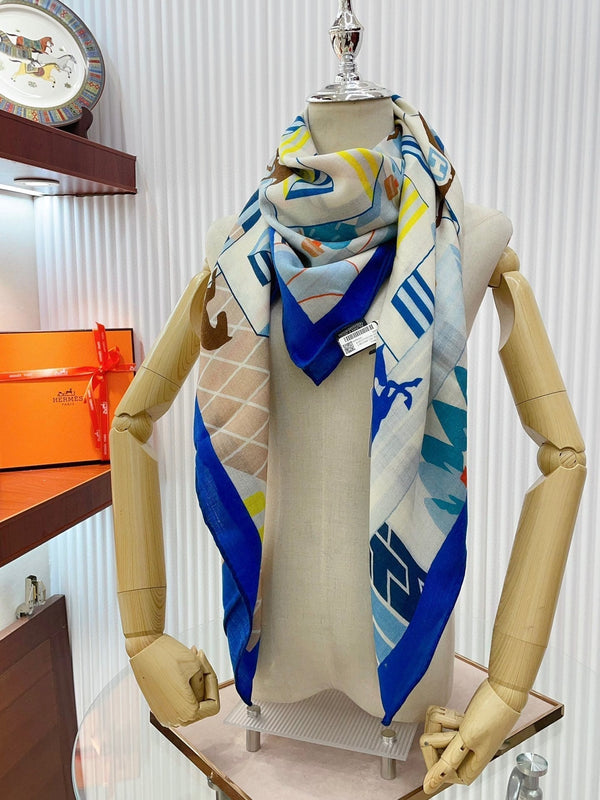 Horse Club Detail Scarf 140 CM In Colorful Cashmere And Silk 217219