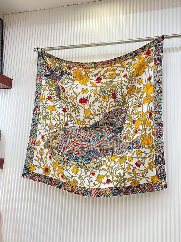 Le Jaguar Et Le Colibri Shawl 90 CM In Yellow Colorful Silk Twill 274206