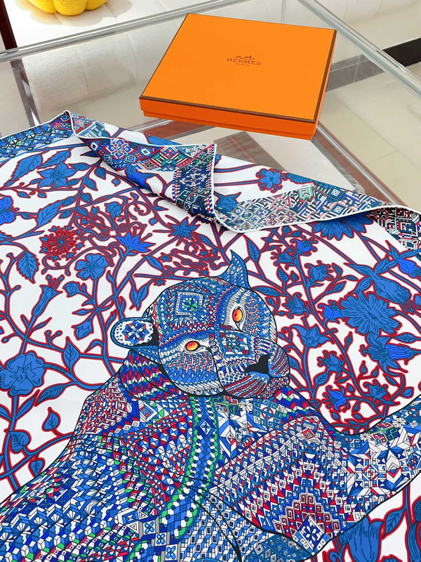 Le Jaguar Et Le Colibri Shawl 90 CM In Blue Colorful Silk Twill 274207