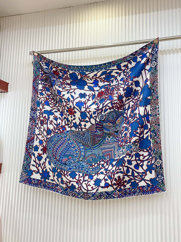 Le Jaguar Et Le Colibri Shawl 90 CM In Blue Colorful Silk Twill 274207