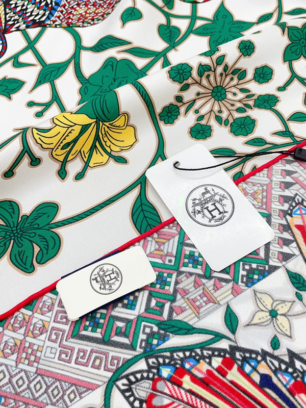 Le Jaguar Et Le Colibri Shawl 90 CM In Green Colorful Silk Twill 274208