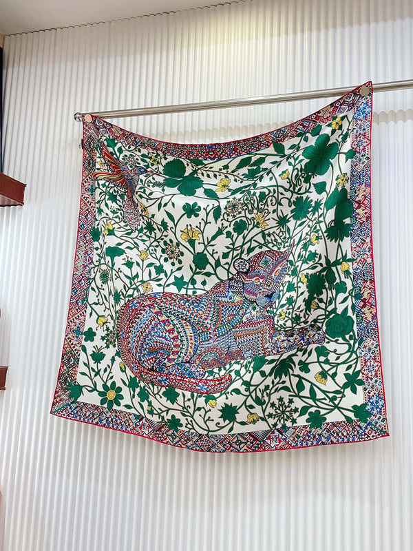 Le Jaguar Et Le Colibri Shawl 90 CM In Green Colorful Silk Twill 274208