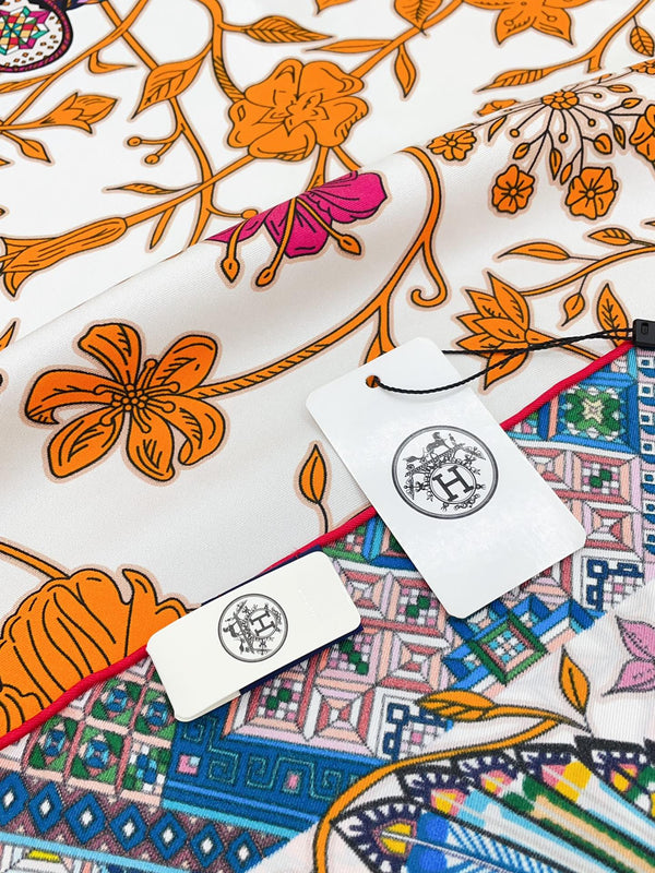 Le Jaguar Et Le Colibri Shawl 90 CM In Orange Colorful Silk Twill 274209