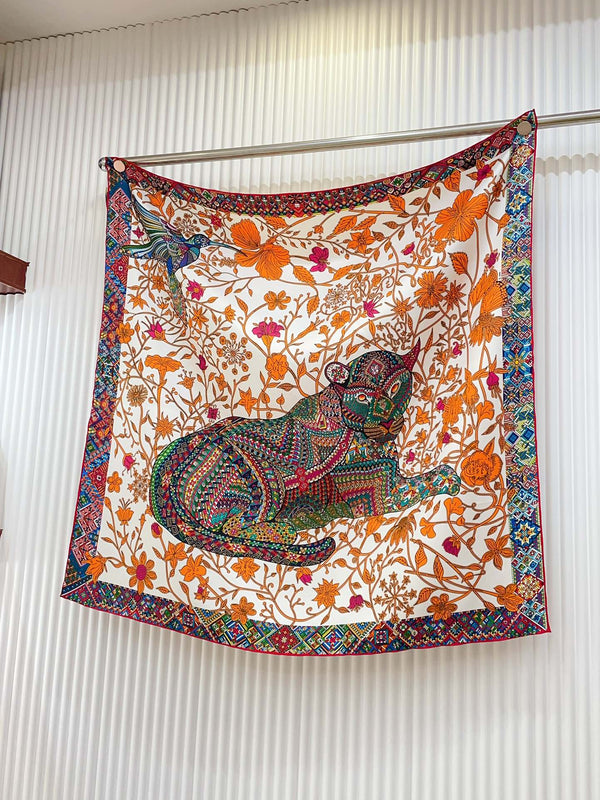 Le Jaguar Et Le Colibri Shawl 90 CM In Orange Colorful Silk Twill 274209