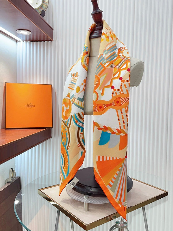 Haute Parure Scarf 90 CM In Orange Colorful Silk Twill 239534