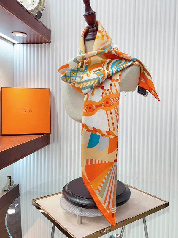 Haute Parure Scarf 90 CM In Orange Colorful Silk Twill 239534