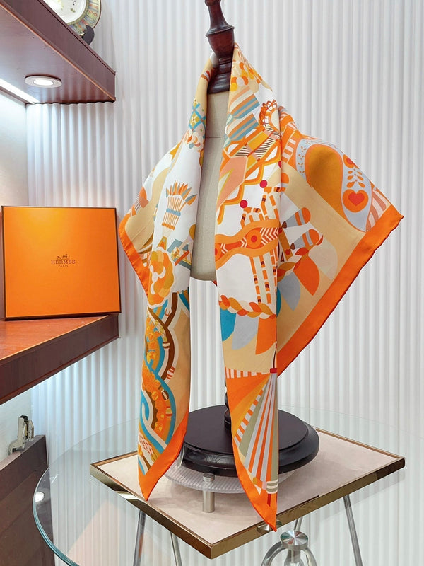 Haute Parure Scarf 90 CM In Orange Colorful Silk Twill 239534