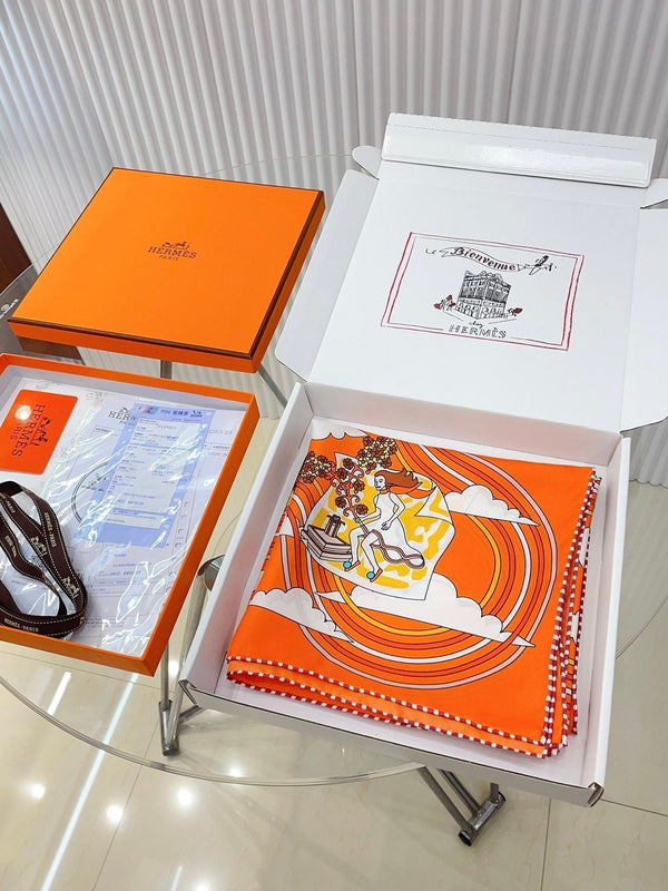 Carres Volants Scarf 90 CM In Orange Colorful Silk Twill 244995