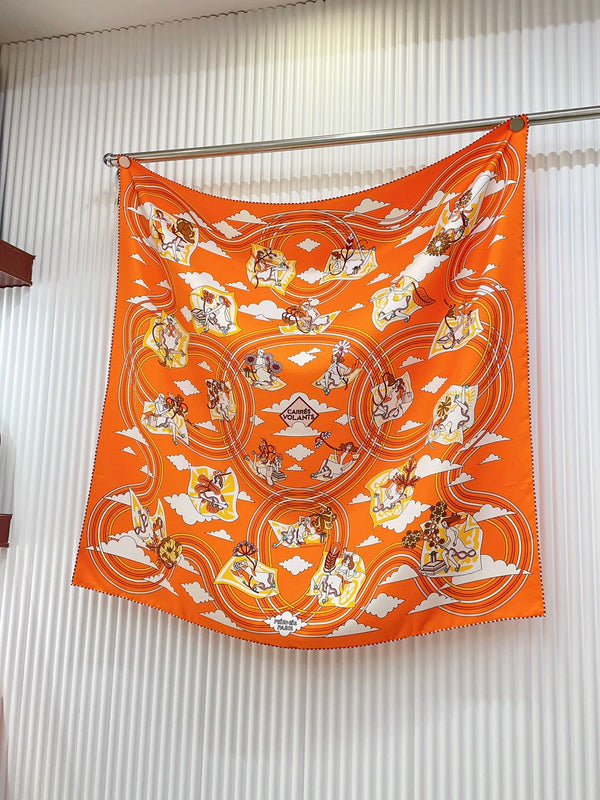 Carres Volants Scarf 90 CM In Orange Colorful Silk Twill 244995