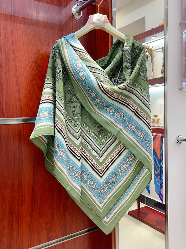 Tatouages Marins Bandana Shawl 135 CM In Green Colorful Cashmere And Silk 252311