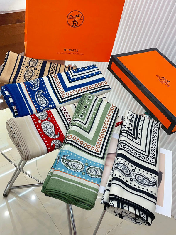 Tatouages Marins Bandana Shawl 135 CM In Green Colorful Cashmere And Silk 252311