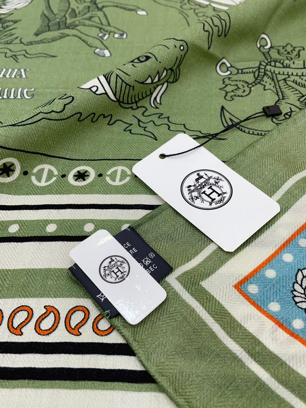 Tatouages Marins Bandana Shawl 135 CM In Green Colorful Cashmere And Silk 252311