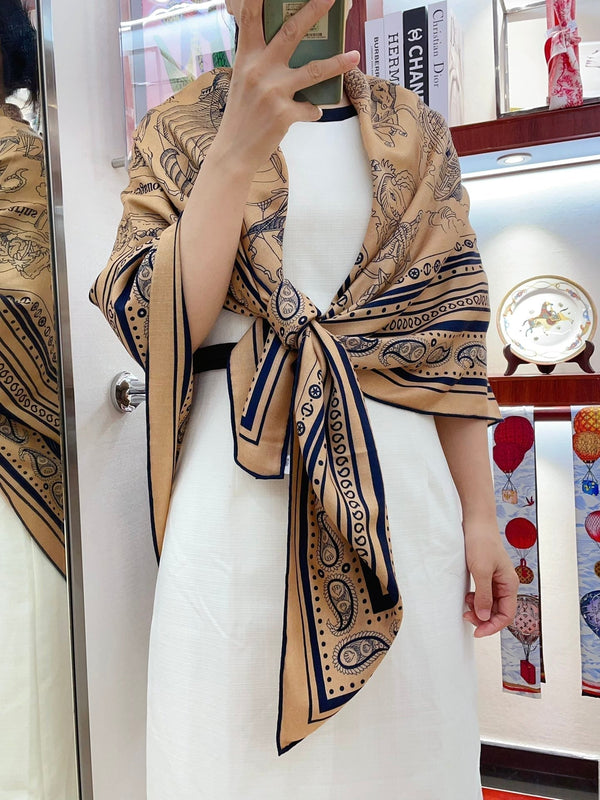 Scialle bandana Marine Tattoos 135 cm in cashmere e seta beige scuro colorato 252314