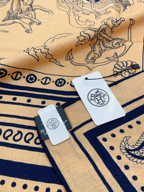 Scialle bandana Marine Tattoos 135 cm in cashmere e seta beige scuro colorato 252314