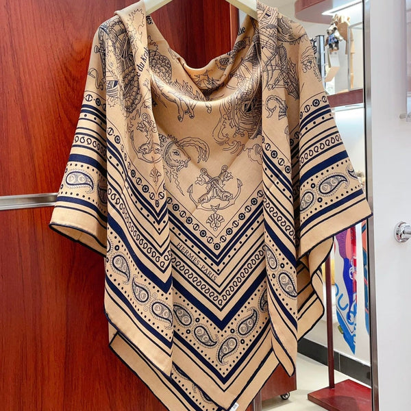 Tatouages Marins Bandana Shawl 135 CM In Dark Beige Colorful Cashmere And Silk 252314