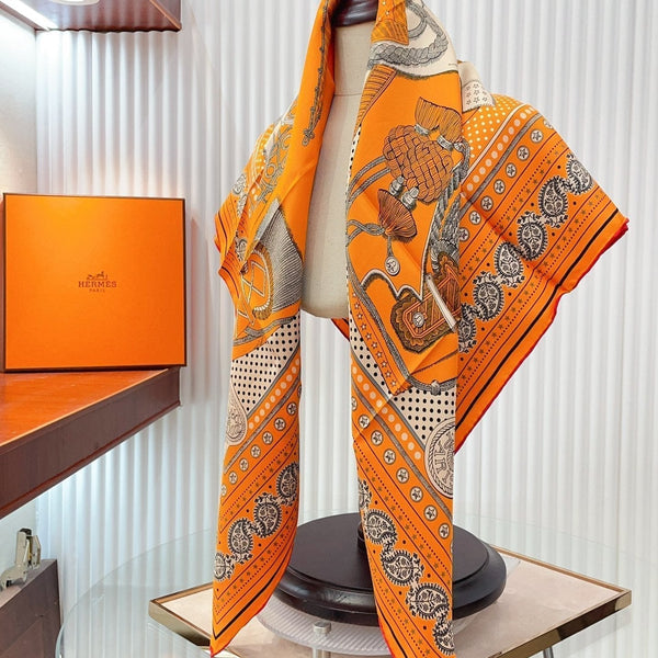 Zouaves Et Dragons Bandana Shawl 90 CM In Orange Colorful Silk Twill 262788