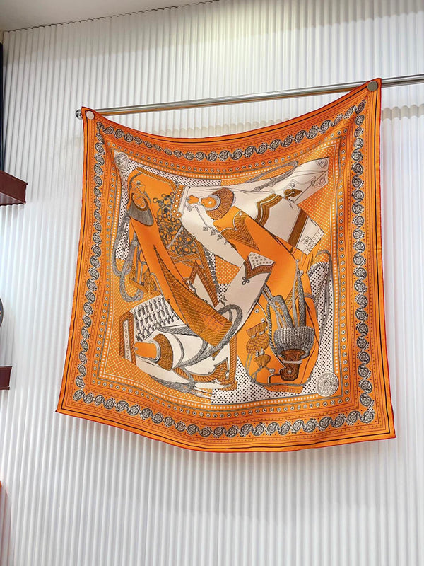 Zouaves Et Dragons Bandana Shawl 90 CM In Orange Colorful Silk Twill 262788