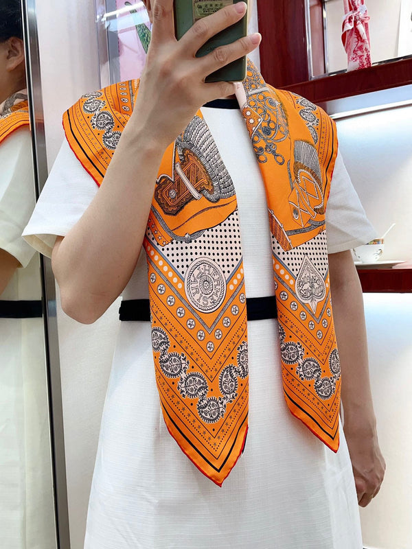 Zouaves Et Dragons Bandana Shawl 90 CM In Orange Colorful Silk Twill 262788
