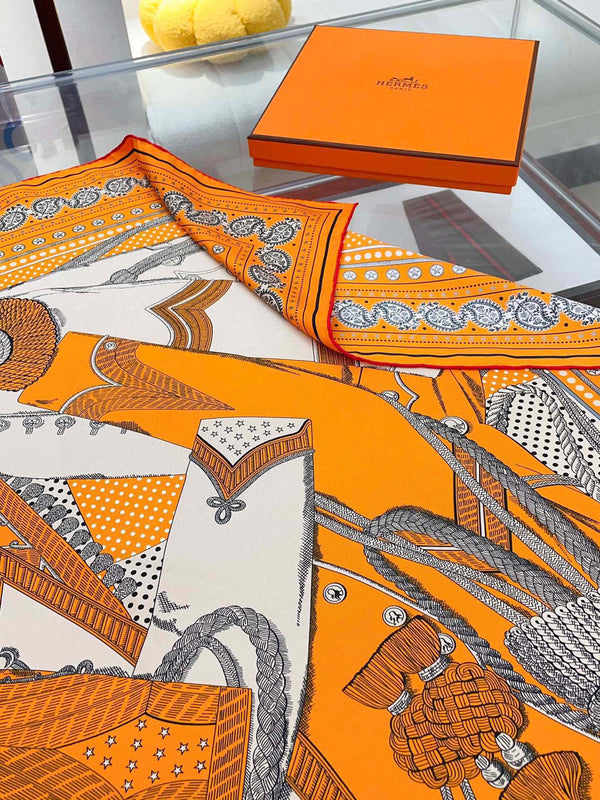 Zouaves Et Dragons Bandana Shawl 90 CM In Orange Colorful Silk Twill 262788