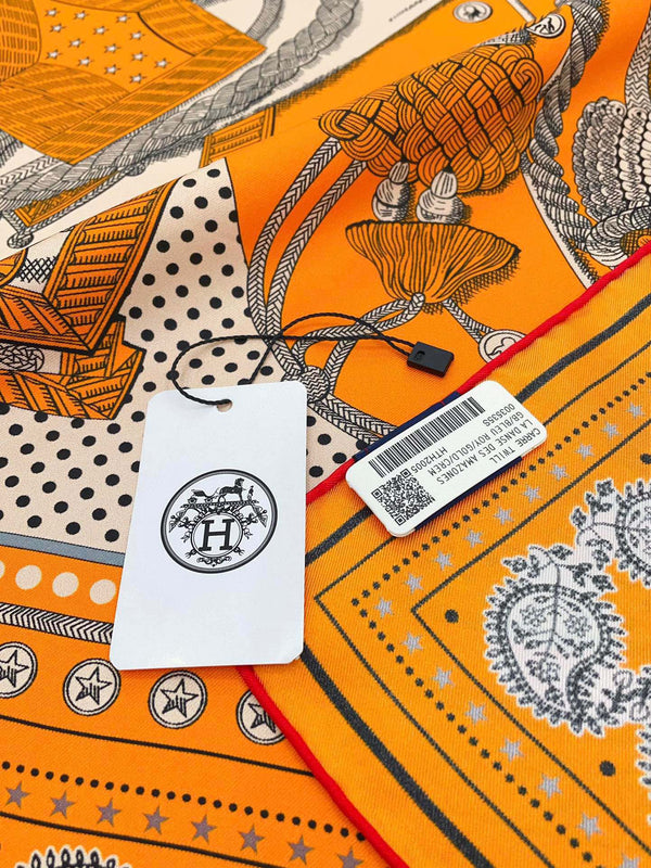 Zouaves Et Dragons Bandana Shawl 90 CM In Orange Colorful Silk Twill 262788