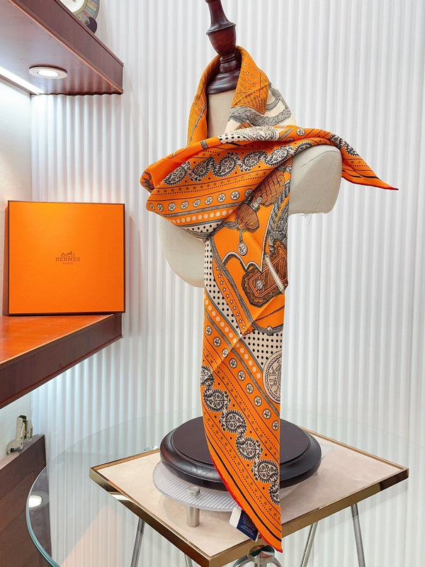 Zouaves Et Dragons Bandana Shawl 90 CM In Orange Colorful Silk Twill 262788