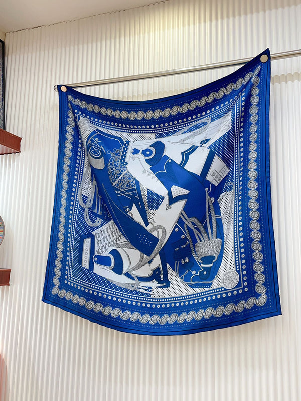 Zouaves Et Dragons Bandana Shawl 90 CM In Blue Colorful Silk Twill 262789