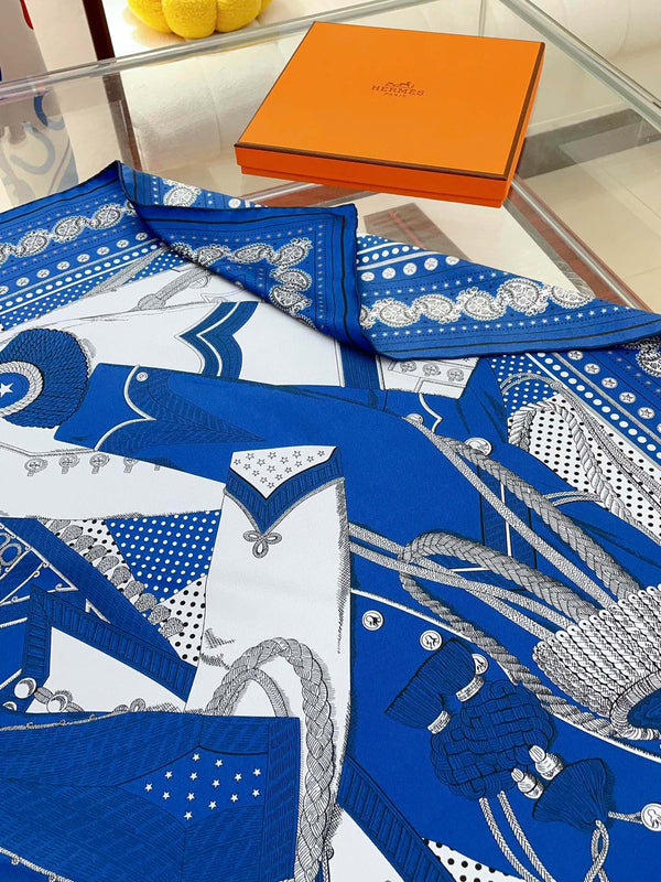 Zouaves Et Dragons Bandana Shawl 90 CM In Blue Colorful Silk Twill 262789