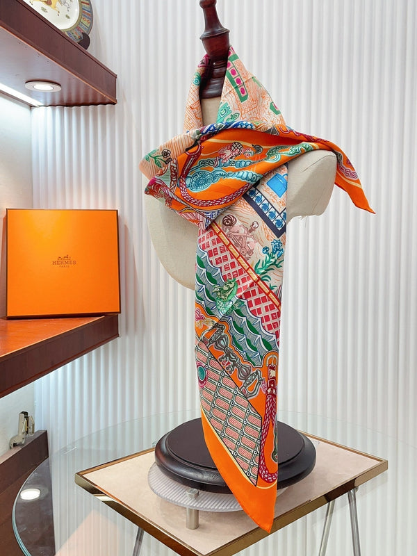 Gavroche Super Silk Quest Détail Scarf 90 CM In Orange Colorful Silk Twill 274212