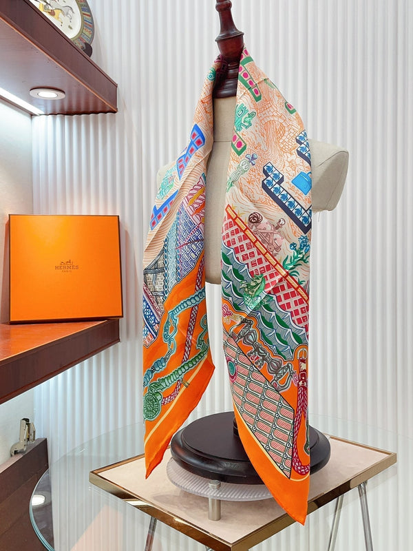 Gavroche Super Silk Quest Détail Scarf 90 CM In Orange Colorful Silk Twill 274212