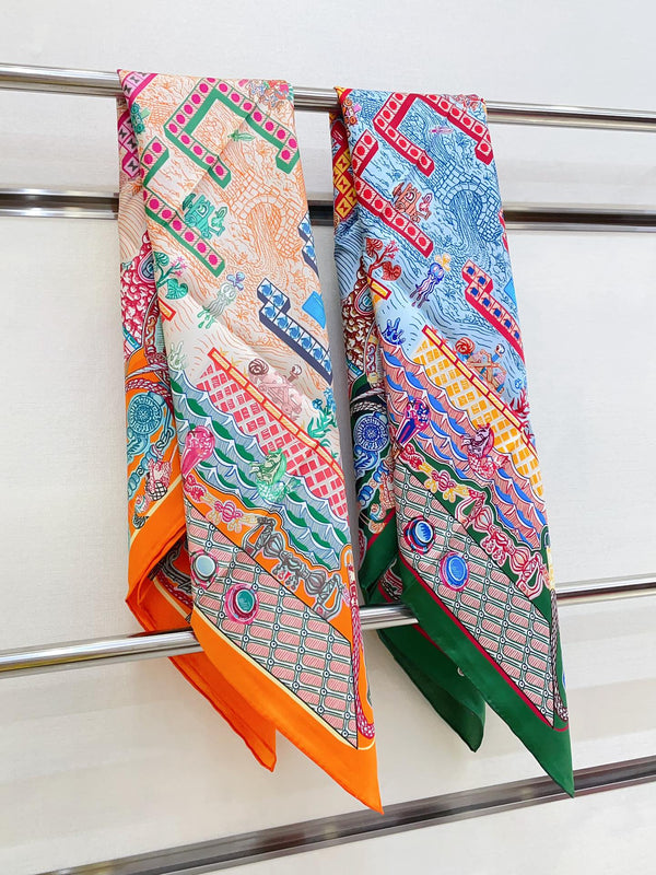 Gavroche Super Silk Quest Détail Scarf 90 CM In Green Colorful Silk Twill 274213