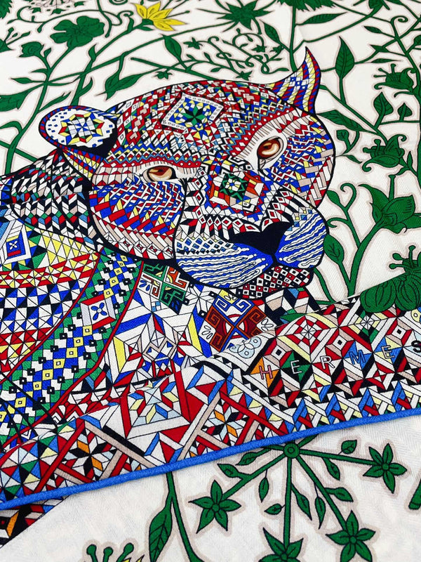 Le Jaguar Et Le Colibri Shawl 135 CM Green Colorful Cashmere And Silk 281676
