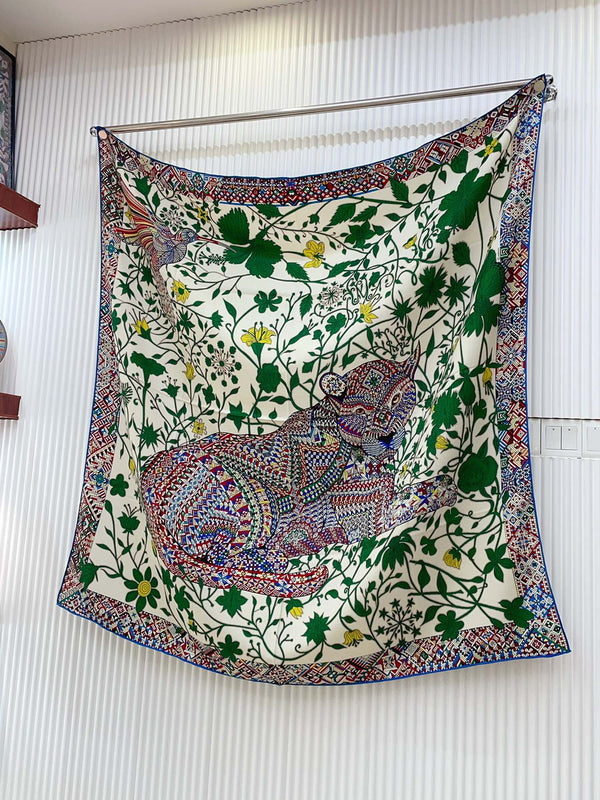 Le Jaguar Et Le Colibri Shawl 135 CM Green Colorful Cashmere And Silk 281676