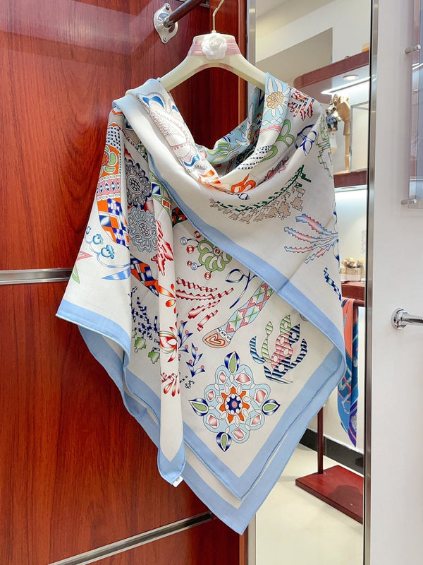 En Attendant Ulysse Shawl 140 CM In Light Blue Colorful Cashmere And Silk 294497